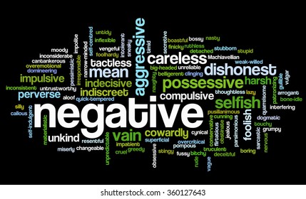 Conceptual tag cloud containing words related to negative personality features such as aggressive, stupid, boring, bossy, cowardly, cruel, jealous, rude, mean and thoughtless.