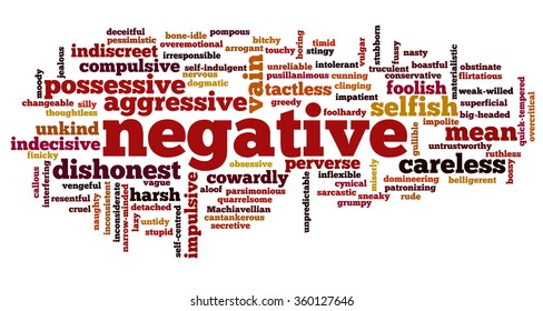 Conceptual tag cloud containing words related to negative personality features such as aggressive, stupid, boring, bossy, cowardly, cruel, jealous, rude, mean and thoughtless.