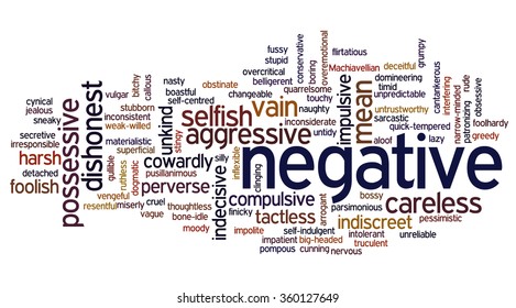 Conceptual tag cloud containing words related to negative personality features such as aggressive, stupid, boring, bossy, cowardly, cruel, jealous, rude, mean and thoughtless.