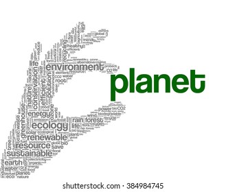 Conceptual tag cloud containing words related to ecology, environment, global warming, pollution, renewable resources, recycling, conservation, efficiency...