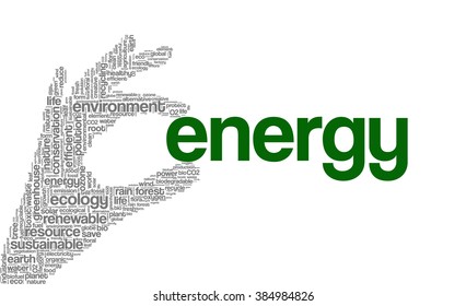 Conceptual tag cloud containing words related to ecology, environment, global warming, pollution, renewable resources, recycling, conservation, efficiency...