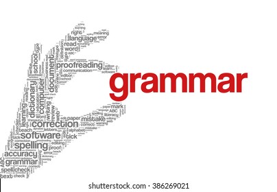 Conceptual tag cloud containing words related to spell checking, typos, errors in written text and correction software; in shape of hand holding word "grammar"