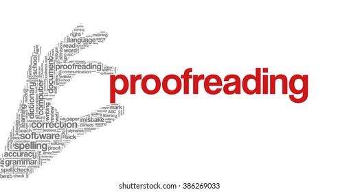 Conceptual tag cloud containing words related to spell checking, typos, errors in written text and correction software; in shape of hand holding word "proofreading"