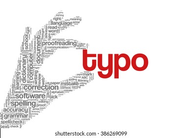 Conceptual tag cloud containing words related to spell checking, typos, errors in written text and correction software; in shape of hand holding word "typo"