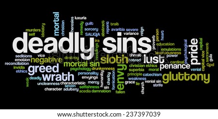 Conceptual tag cloud containing words related to seven deadly sins: pride, sloth, wrath, envy, lust, gluttony and greed
