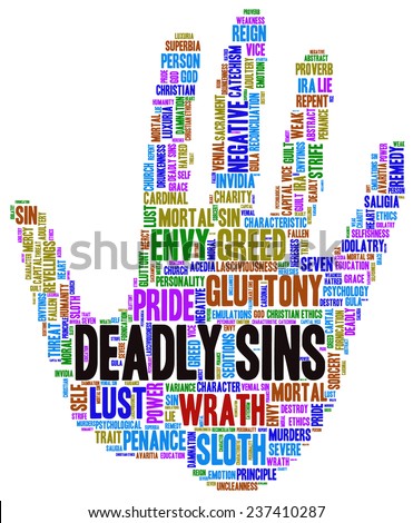 Conceptual tag cloud containing words related to seven deadly sins: pride, sloth, wrath, envy, lust, gluttony and greed in shape of a hand