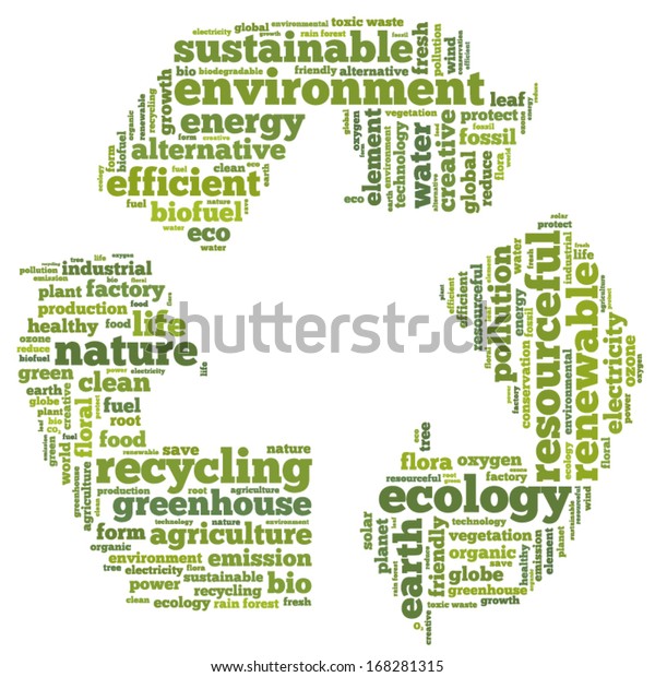 Conceptual Tag Cloud In The Shape Of The Recycle Symbol On White 