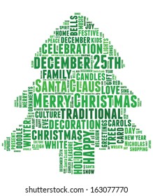 Conceptual tag cloud of words related to Christmas and celebration in the shape of a Xmas tree