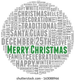 Conceptual tag cloud of words related to Christmas and celebration in the shape of a circle.