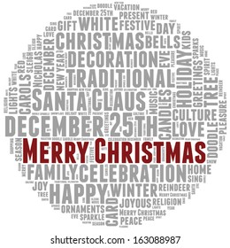 Conceptual tag cloud of words related to Christmas and celebration in the shape of a circle.