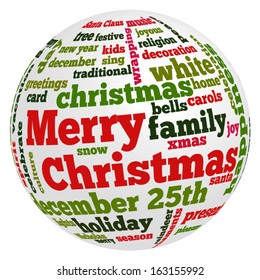 Conceptual tag cloud of words related to Christmas and celebration in the shape of a sphere