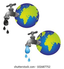 conceptual taps out of the planet earth and dripping, vector illustration