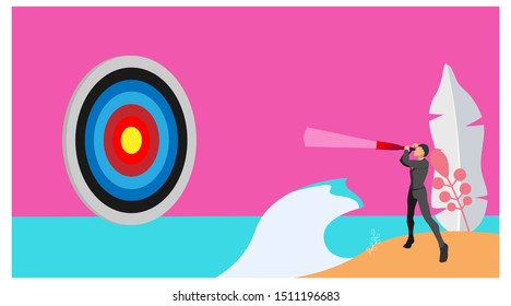 conceptual target business people. the entrepreneur looks at the target circle. with a tropical beach style. eps10