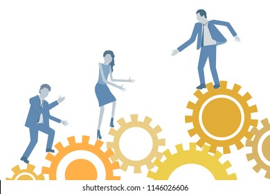 Conceptual teamwork business flat design vector with a leader helping his colleagues.