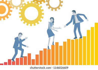 Conceptual teamwork business flat design vector with a leader helping his colleagues climb a growth chart.