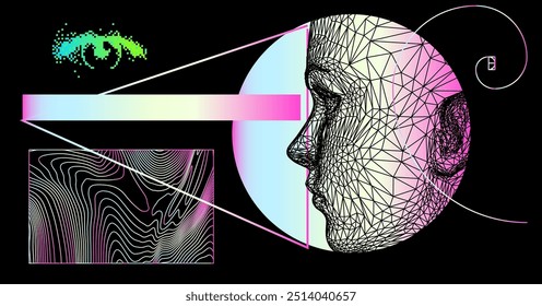 Conceptual technological illustration of 3d head made of mesh on background of holographic circle.
