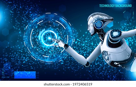 Conceptual technology illustration of artificial intelligence with robot or cyborg woman. Futuristic Artificial intelligence in image of cyborg girl. Technology background. Vector illustration EPS10