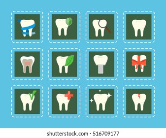 Conceptual teeth icons with various elements. Oral health care and dental hygiene teeth symbols. Dentistry vector illustration. Tooth care and restoration, stomatology and orthodontics.