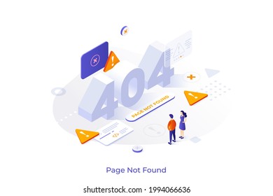 Conceptual Template With 404 Number, People, Warning Signs. Scene For Webpage Under Construction, Server Is Unavailable, Access Denied, Technical Error. Isometric Vector Illustration For Website.