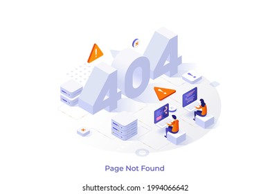 Conceptual template with 404 number and people working on computers. Scene for page not found, server under maintenance, warning notification. Modern isometric vector illustration for website.