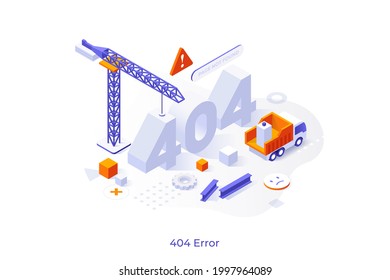 Conceptual template with 404 number, tower crane, truck. Scene for website under construction, page not found, maintenance works, technical error. Modern isometric vector illustration for webpage.