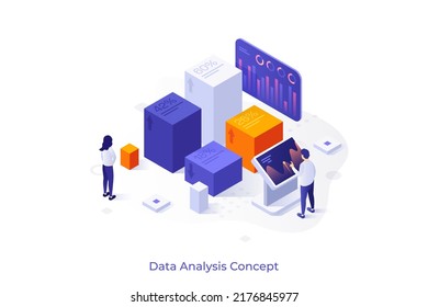 Conceptual template with analysts looking at column chart with percentage indicators. Scene for data science and information analysis. Modern isometric vector illustration for banner, poster.