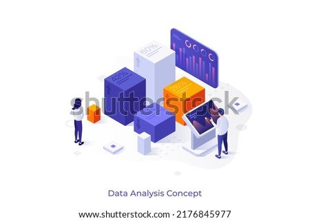 Conceptual template with analysts looking at column chart with percentage indicators. Scene for data science and information analysis. Modern isometric vector illustration for banner, poster.