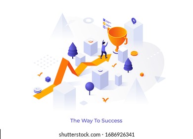 Conceptual template with arrow chart and man finishing and celebrating victory beside giant golden champion cup. Way to success, winner in business competition. Modern isometric vector illustration.