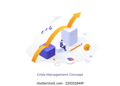 Konzeptionelle Vorlage mit aufsteigenden Diagrammen und Person, die auf Laptop-Computern arbeitet. Scene for crisis management service, Financial Recovery of Company. Moderne isometrische Vektorgrafik für Webseiten.