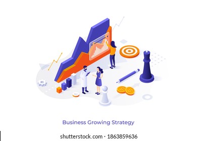Conceptual template with ascending chart, working people, chess pieces. Scene for business growing strategies, startup company development, income growth. Isometric vector illustration for website.