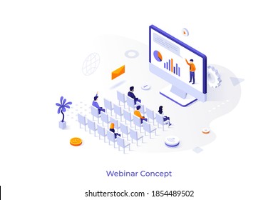 Conceptual Template With Audience Looking At Monitor And Watching Person Giving Lecture Online. Scene Of Webinar, Webcast, Streaming Media. Isometric Vector Illustration For Internet Event Promo.