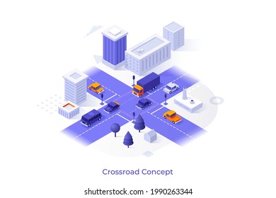 Conceptual template with automobiles on city streets. Scene for smart crossroad, intelligent traffic monitoring, control and management technology. Modern isometric vector illustration for website.