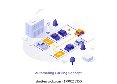 Conceptual template with automobiles parked on street. scene for automatic parking assistant technology, cars with proximity sensors. Modern colorful isometric vector illustration for website.