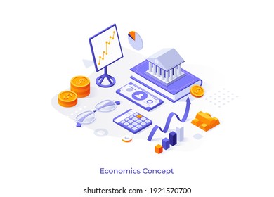 Conceptual template with bank building on book, calculator, glasses, ascending charts. Scene for learning economics, financial or banking systems. Modern isometric vector illustration for website.