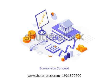 Conceptual template with bank building on book, calculator, glasses, ascending charts. Scene for learning economics, financial or banking systems. Modern isometric vector illustration for website.