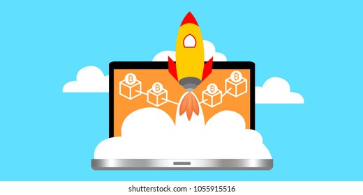 Conceptual template of blockchain. A laptop with space rocket representing launch cryptocurrency technology.