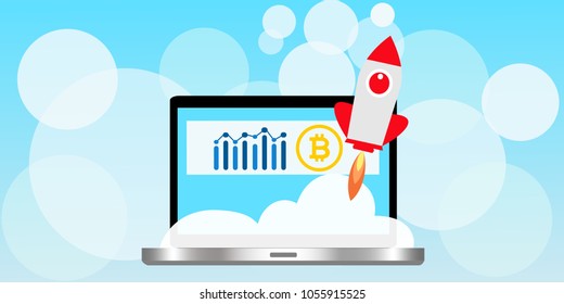 Conceptual template of blockchain. A laptop with space rocket representing launch cryptocurrency technology.
