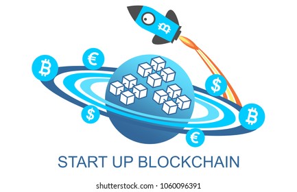 Conceptual template of blockchain with a rocket and planet. Vector graphic illustration.