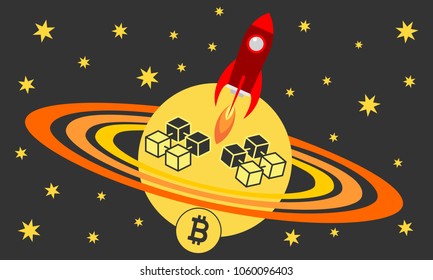 Conceptual template of blockchain with a rocket and planet. Vector graphic illustration.