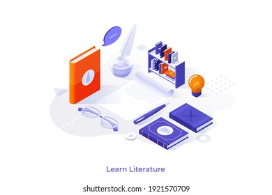 Conceptual template with books on shelf, writings, quill pen. Scene for learning literature, prose and poetry, university degree in literary studies. Isometric vector illustration for website.
