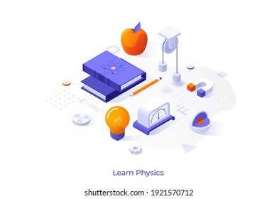Conceptual template with books and scientific laboratory tools or instruments. Scene for learning physics, studying science, physical research. Modern isometric vector illustration for website.