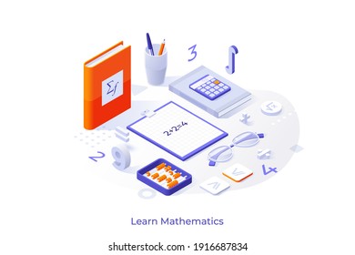 Conceptual template with books or textbooks, abacus, calculator, equation, numbers, figures and formulas. Scene for mathematics learning course, studying math. Modern isometric vector illustration.