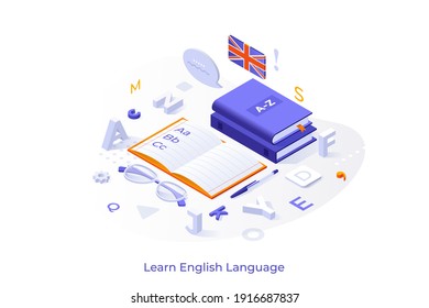 Conceptual template with books or textbooks, notebook, glasses, letters and UK flag. Scene for english learning, studying foreign language, translation course. Modern isometric vector illustration.