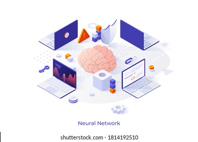 Conceptual template with brain surrounded by laptop computers. Scene of artificial neural network or connectionist system, machine learning, information technology. Isometric vector illustration.