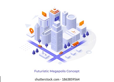 Conceptual template with business city center or downtown area, modern buildings or skyscrapers, streets, map pins. Scene for futuristic megalopolis. Isometric vector illustration for webpage.