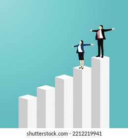 Conceptual template with business people happy standing along ascending arrow chart and graph. Increase in revenue scene, profit growth, Business development. Vector illustration flat