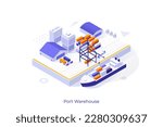 Conceptual template with cargo ship at marine terminal. Scene for port warehouse, container sea line, maritime transportation, freight forwarding services. Modern isometric vector illustration.