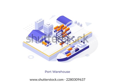 Conceptual template with cargo ship at marine terminal. Scene for port warehouse, container sea line, maritime transportation, freight forwarding services. Modern isometric vector illustration.