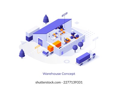 Plantilla conceptual con vehículos de carga y estantes dentro del almacén. Escenario para el almacenamiento y entrega de mercancías, servicios de expedición de carga o servicios logísticos. Isometric vector ilustración para la página web.