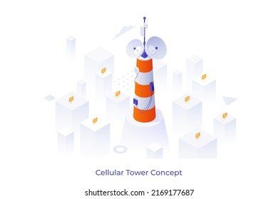 Conceptual template with cell site or antenna and wi-fi signals indication. Scene for work of cellular tower, internet access, mobile technology. Modern isometric vector illustration for webpage.